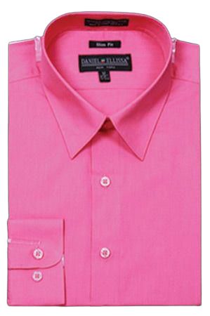Neatly folded, the Daniel Ellissa DS3003 shirt in fuchsia showcases a slim fit with a pointed collar and long sleeves, combining style with comfort in its CVC fabric blend.