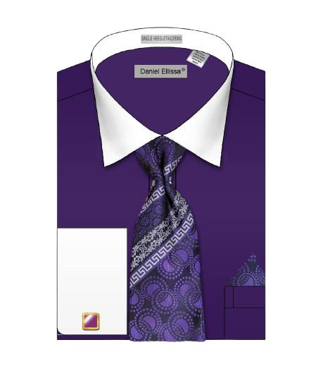 Illustration of the Daniel Ellissa DS3825P2 purple solid body shirt with a white collar and basic French cuffs, neatly folded with a patterned tie and pocket square.