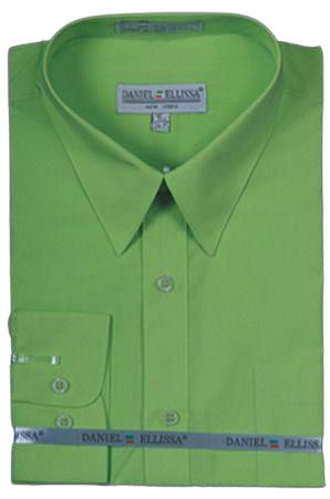 The DANIEL ELLISSA CVC SLIM FIT SHIRT DS3003 in Apple from Daniel Ellissa offers sharp style and comfort for men's attire, featuring a folded bright green design with a collar and buttons.