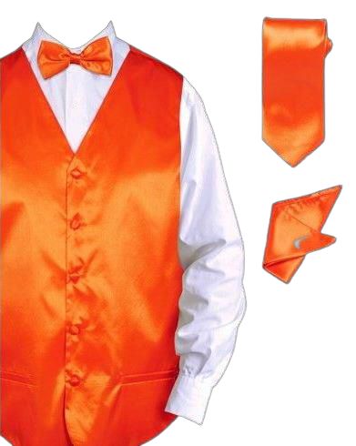 The DANIEL ELLISSA SOLID VEST SET VS801 in orange from Daniel Ellissa features a sleek satin vest and bow tie, displayed on a white shirt and complemented by a matching tie and hanky pocket square.