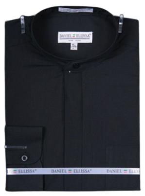 A folded black dress shirt featuring a banded collar and a convertible cuff, labeled "Daniel Ellissa.