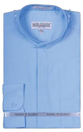 A light blue Daniel Ellissa dress shirt for men, featuring a banded collar and convertible cuffs, neatly folded and secured with a branded ribbon.
