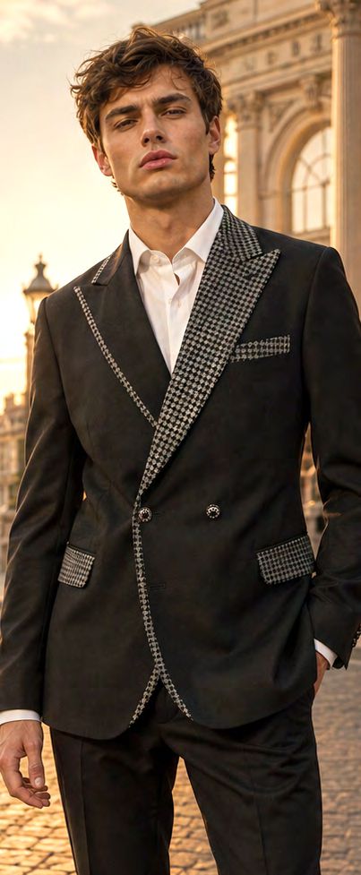 Man wearing a MANZINI BLAZE 2PC Double Breasted Black Grey Tailored fit suit jacket with a grey houndstooth pattern on the lapel, pocket flaps, and trim.
