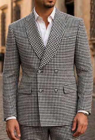 A man wearing a black and white houndstooth MANZINI LAKEVIEW 2PC Shawl Lapel Double Breasted Black Tailored fit jacket with a shawl lapel over a white button-down shirt.