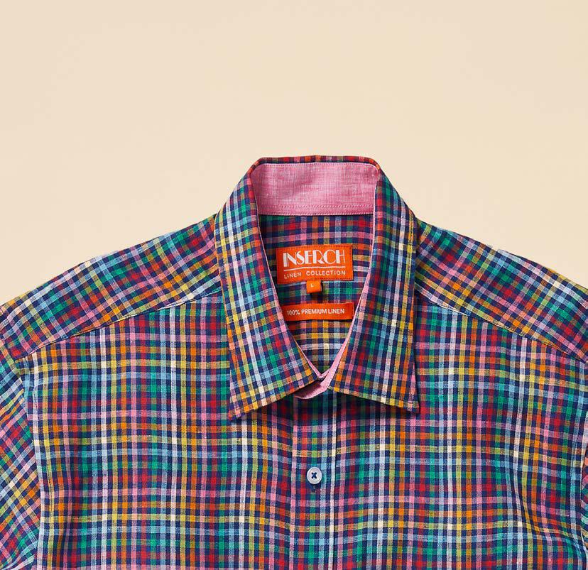 The Inserch SS Linen Gingham Shirt (SS7917-00066 Multi) features short sleeves and a multicolored plaid pattern on a beige backdrop, crafted from premium European linen.