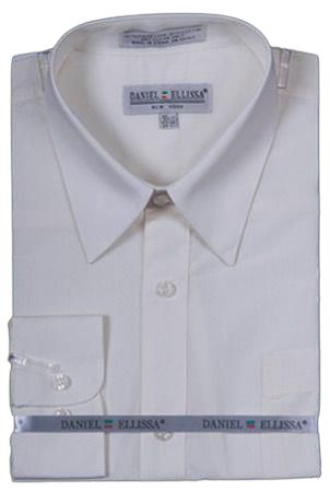 The DANIEL ELLISSA CVC SLIM FIT SHIRT DS3003 ECRU, folded neatly and embellished with the Daniel Ellissa brand label on the collar, is designed for comfort and durability using a CVC blend. This slim fit style provides a contemporary and refined appearance.