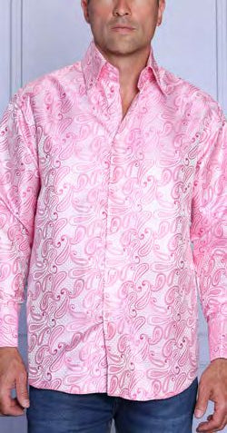 A man wears the INSOMNIA MZT-209 Woven Satin Pink Shirt by Insomnia, featuring long sleeves, a paisley pattern, and French cuffs, while standing against a light blue background.