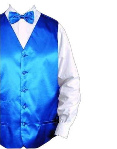 A person is dressed in the Daniel Ellissa Solid Vest Set VS801 in a striking royal blue, accented with a matching bow tie and a pristine white dress shirt. The look is tastefully finished with a well-placed handkerchief subtly emerging from the pocket. The image is expertly cropped at the neck.