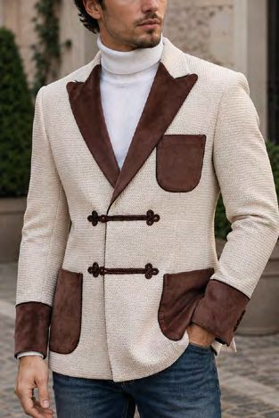 The Insomnia MANZINI MZW-556 Fancy Velvet Trim Sport Coat is a tailored tan textured jacket with dark brown velvet trim on the lapels, cuffs, and pockets, featuring toggle front closures.