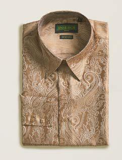 Folded Inserch Long Sleeve Paisley Jacquard Shirt LS005-00023 Coffee in tan, featuring a collar, buttoned cuffs, and visible brand label inside the neckline. This regular fit shirt by Inserch blends timeless style with modern jacquard detailing for a versatile wardrobe staple.