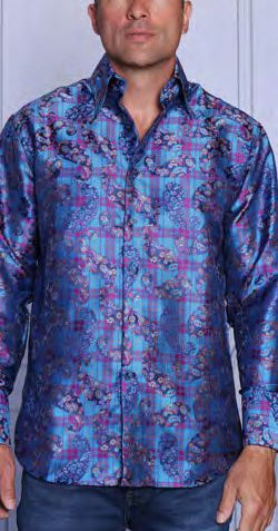 A man wearing the Insomnia INSOMNIA MZT-201 Poly/Rayon Satin Blue Shirt with a floral pattern stands against a light background.