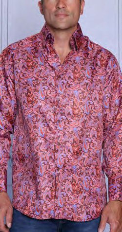 A person wearing the INSOMNIA MZT-204 Woven Satin Red Shirt by Insomnia, featuring long sleeves, button-up design, and a red paisley pattern with French cuffs, stands against a light background.