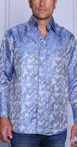 A man wears the INSOMNIA MZT-209 Woven Satin Sky Shirt by Insomnia, featuring long sleeves, button-up front, blue and white paisley pattern, and elegant French cuffs, posed against a light-colored background.