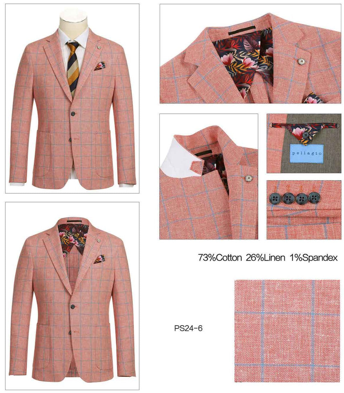 A Pellagio Red Men's Half Canvas Blazer, model PS24-6, featuring a red plaid design and a notched lapel, paired with a crisp white shirt, a striking gold and black striped tie, and an eye-catching colorful pocket square.