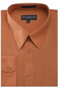 Rust-colored dress shirt, long-sleeved and buttoned up, featuring a pointed collar and a single visible cuff from Daniel Ellissa's Basic Dress Shirt Collection (DS3001).