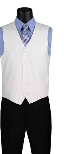 A mannequin displays a blue slim fit shirt with a striped tie, paired with Vinci Suits' Slim Fit Single Breasted 5 Button Vest (White) OV-900 and black pants.