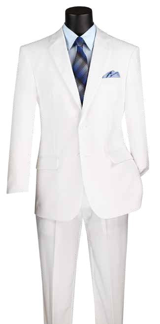 The black mannequin dons Vinci Suits' Single Breasted Poplin Dacron Suit in white, complemented by a blue shirt, striped tie, and pocket square. The sleek design features side vents and pairs perfectly with flat front pants for a modern look.