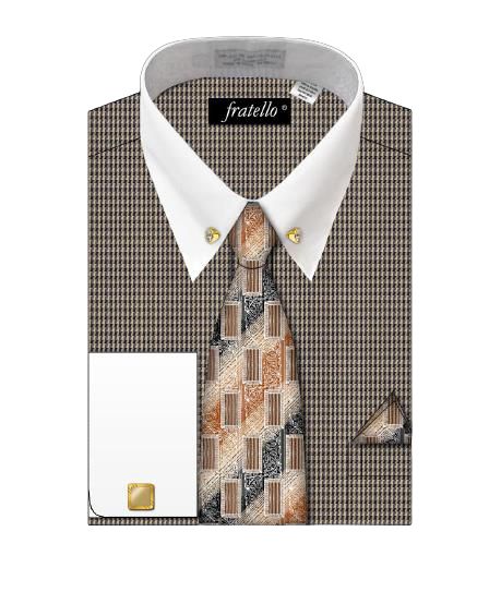 FRATELLO HOUNDSTOOTH PATTERN SHIRT WITH COLLAR BAR DN101M BEIGE 18.5 4/5
