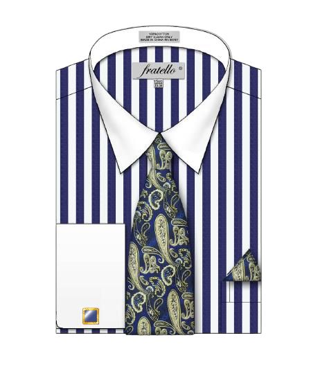 FRATELLO BOLD STRIPED PATTERN FRENCH CUFF SHIRT FRV4159P2 NAVY 18.5 6/7 FRATELLO BOLD STRIPED PATTERN FRENCH CUFF SHIRT FRV4159P2 NAVY 18.5 6/7