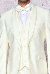 A person dressed in the INSOMNIA SUNSET 3PC Slim Fit Cream Tuxedo Suit by Insomnia, complete with a matching reversible vest and bow tie.
