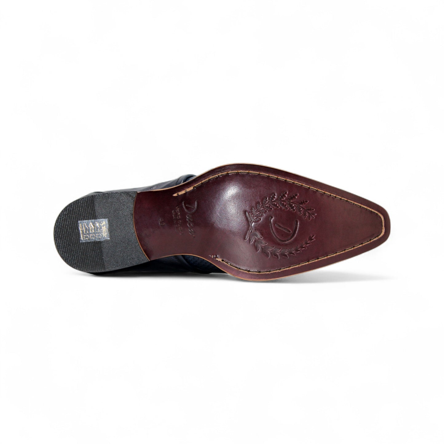 The Duca Imperio Ocean Blue by Duca Di Matiste is a single Italian-made, dark blue textured leather dress shoe with a pointed toe and light brown sole, shown in profile on a white background.