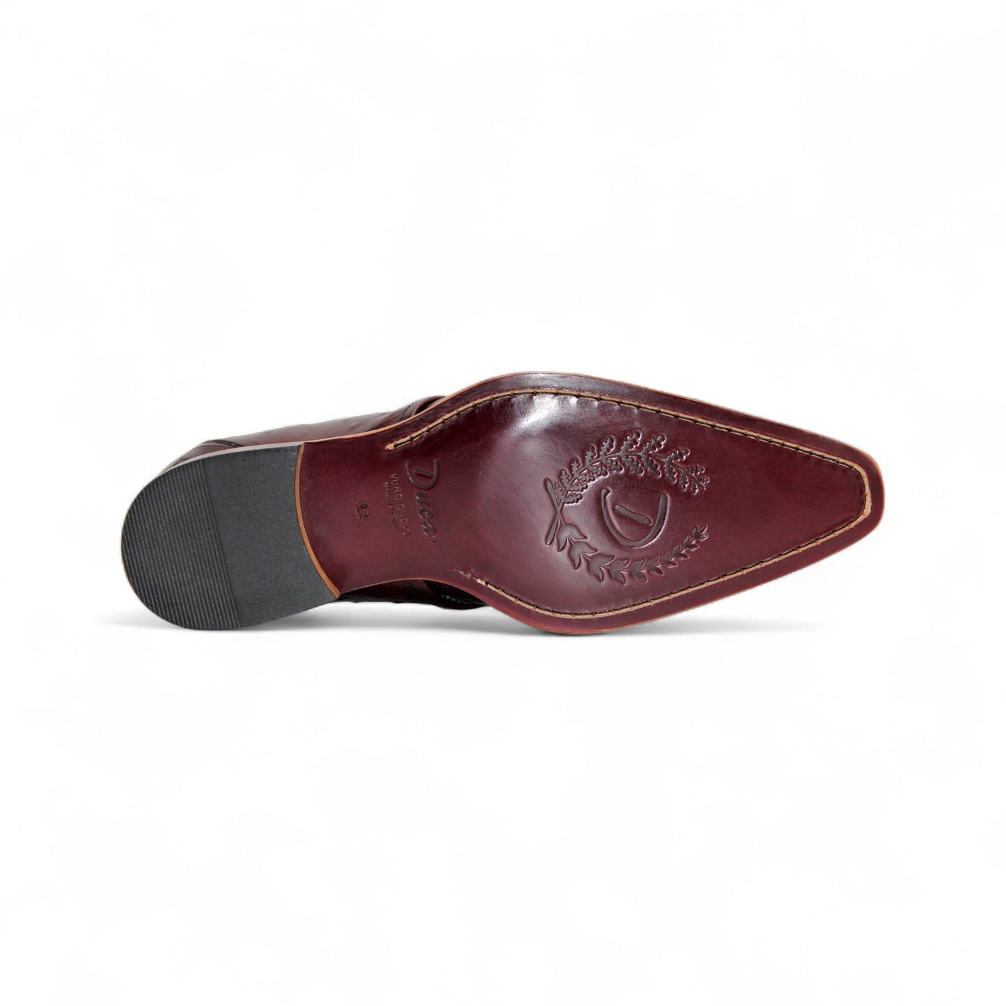 The Duca Imperio Burgundy by Duca Di Matiste is a single genuine leather dress shoe in brown, featuring a textured design and light brown sole, displayed in profile against a white background for timeless style and comfort.