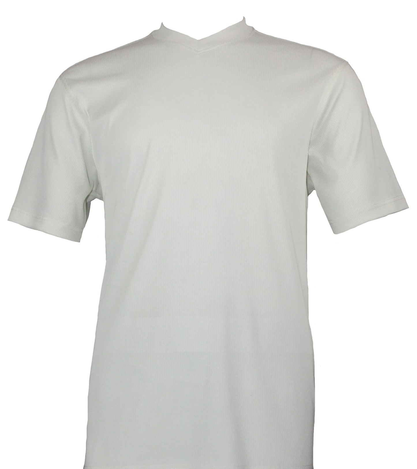 The Bassiri S/S V-Neck Ivory T-Shirt 219, made with a blend that includes spandex for enhanced comfort, is shown against a white backdrop.
