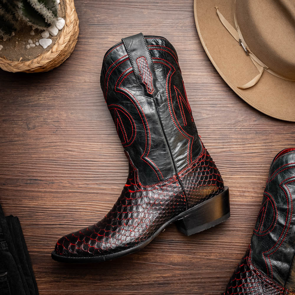 The Kansas BlackCherry boots by Marco Di Milano feature black and red textured python scales, red stitching, and branded soles—crafted as genuine python western boots for a bold statement.