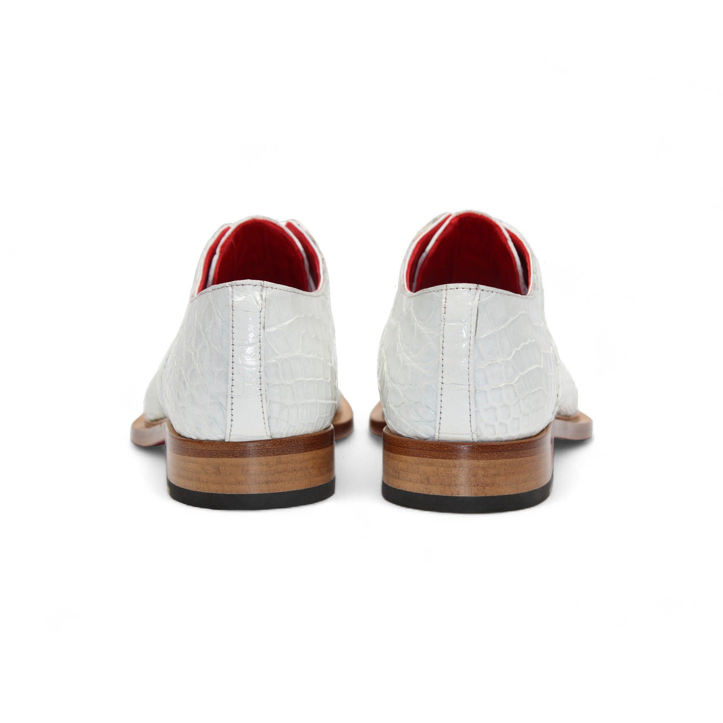 The Fennix Kingston White by Fennix of Italy is a stylish shoe made from genuine alligator leather, with a white crocodile pattern, red interior lining, lace-up closure, and brown sole—displayed in side profile on a white background.