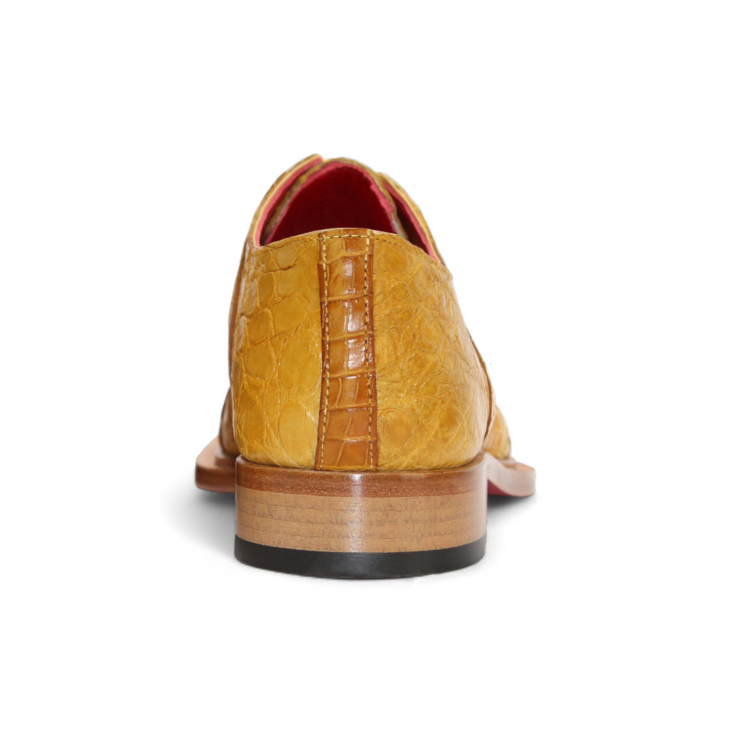 The Fennix Kingston Yellow by Fennix of Italy is a luxury men's dress shoe in yellow genuine alligator leather, with a brown sole, red inner lining, and lace-up closure. Shown in side profile on a white background, it showcases Italian craftsmanship.