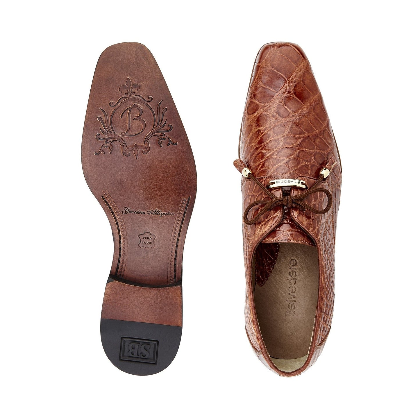 The BELVEDERE Belvedere - Lago is a cognac men's dress shoe crafted from genuine American alligator leather, featuring a plain toe, lace-up closure, and low wooden heel, shown in side profile.