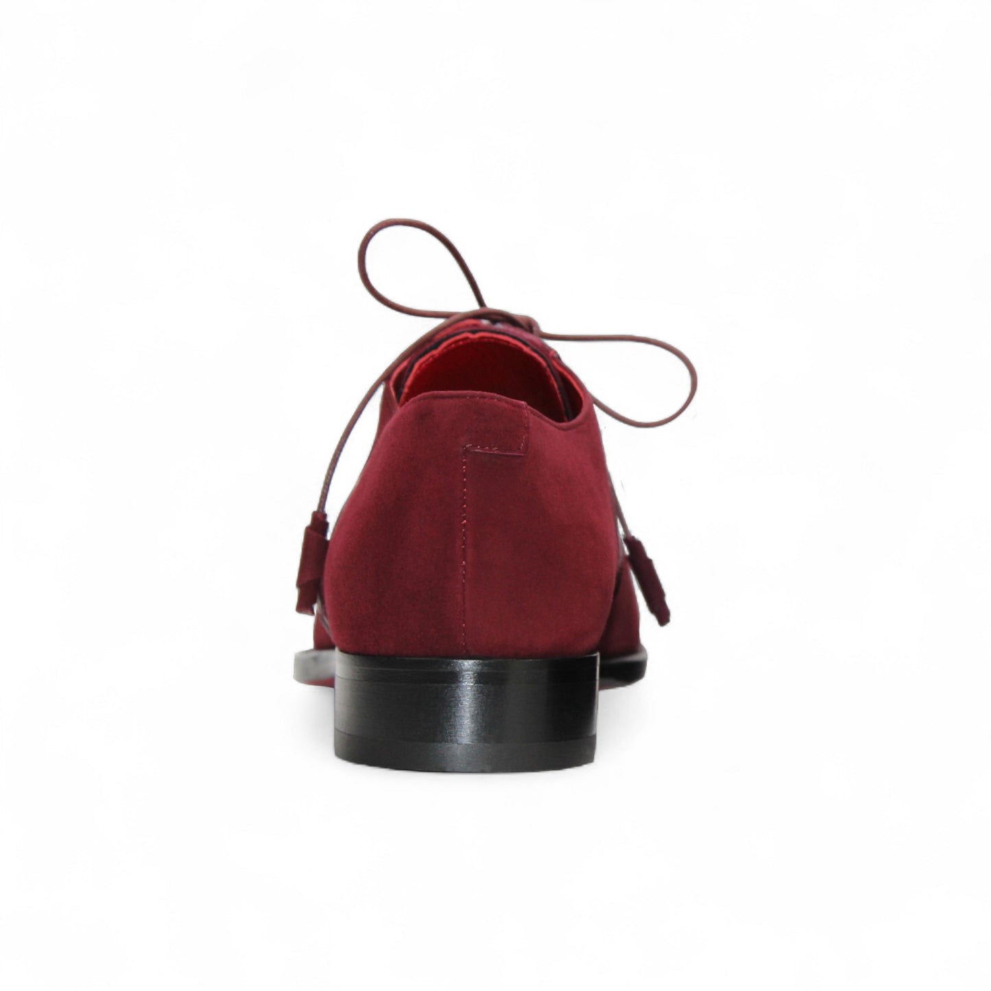The Fennix Landon Burgundy by Fennix of Italy is a men's luxury oxford dress shoe in burgundy suede and leather with laces, Italian craftsmanship, and a low black heel, shown on a white background.
