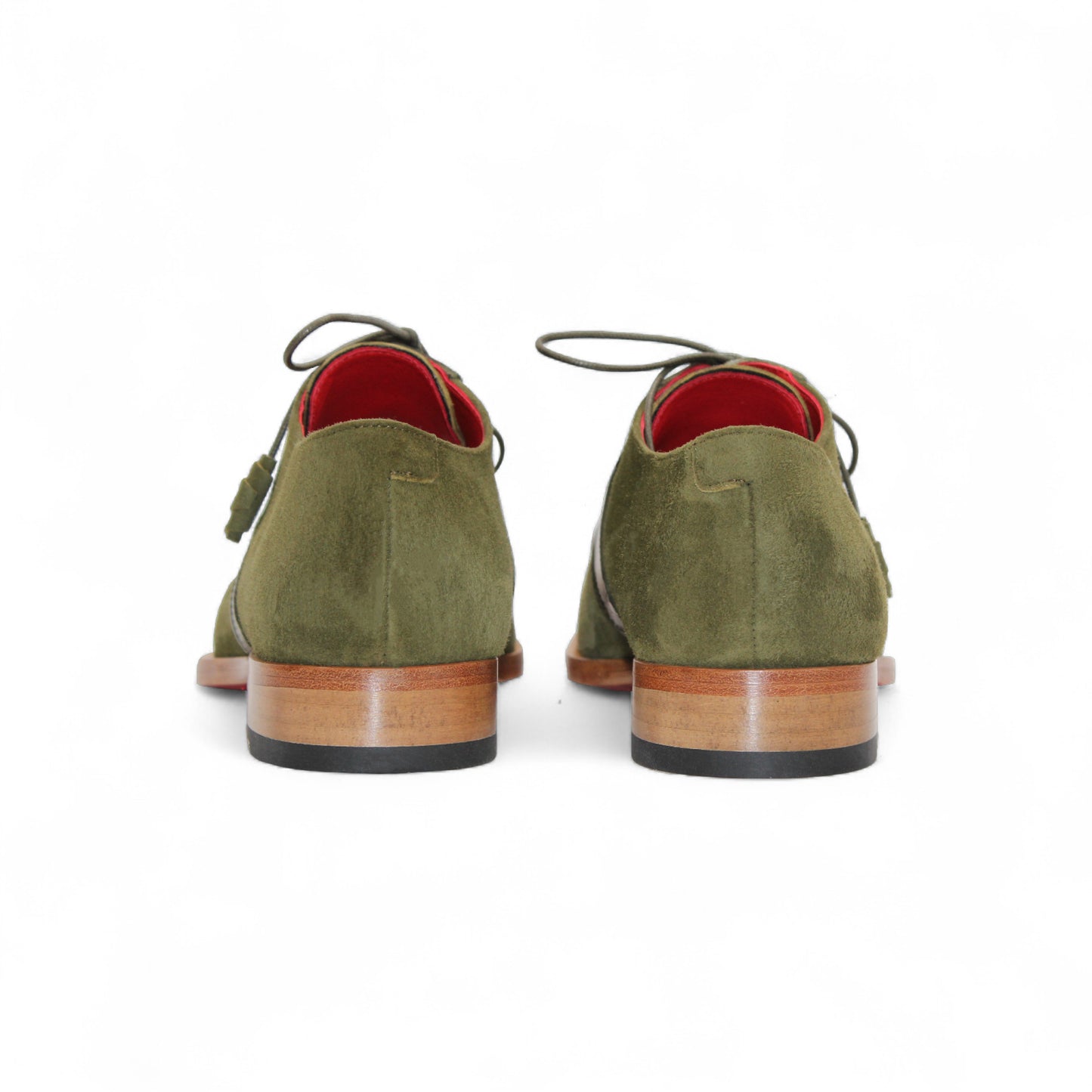 The Fennix Landon Olive by Fennix of Italy is a single olive green dress shoe in suede and leather with laces and a wooden sole, highlighting Italian craftsmanship against a white background.