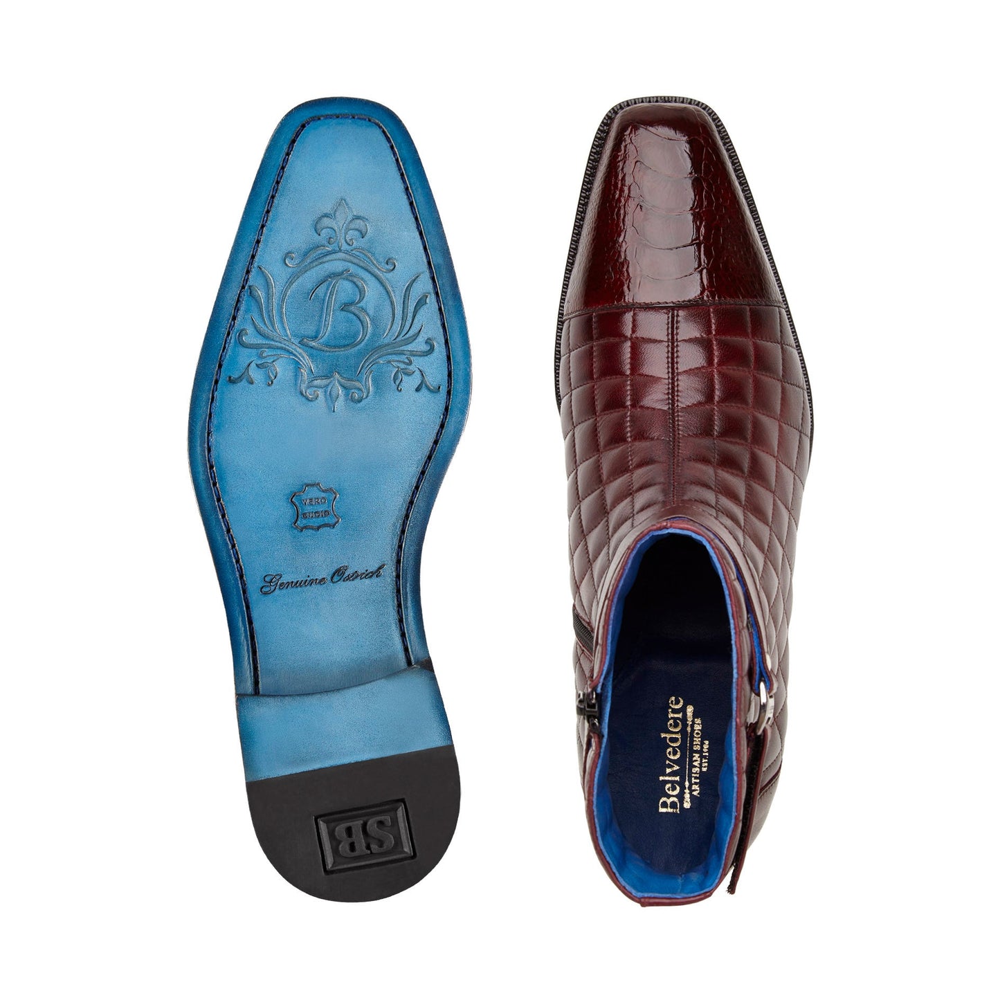 BELVEDERE Belvedere - Libero R80 boots in antique dark burgundy feature genuine ostrich leg and quilted leather, diamond pattern, ankle strap with metal buckle, flat heel, and premium leather sole. Displayed on a white background.