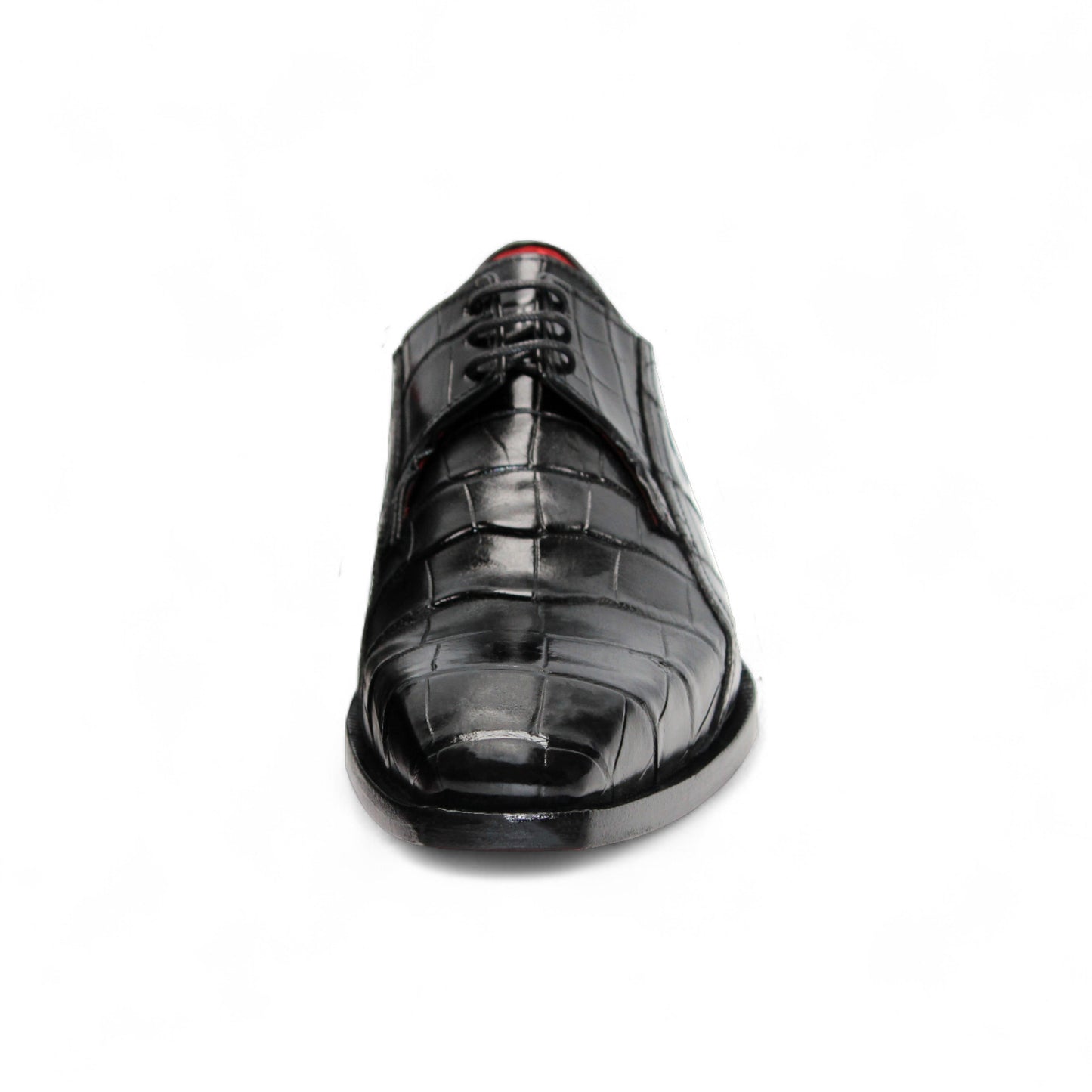 The Fennix of Italy Fennix Logan Black is a black leather dress shoe with a crocodile pattern, low heel, pointed toe, red interior detail, and sleek leather sole, highlighting Italian craftsmanship in a side profile on a white background.