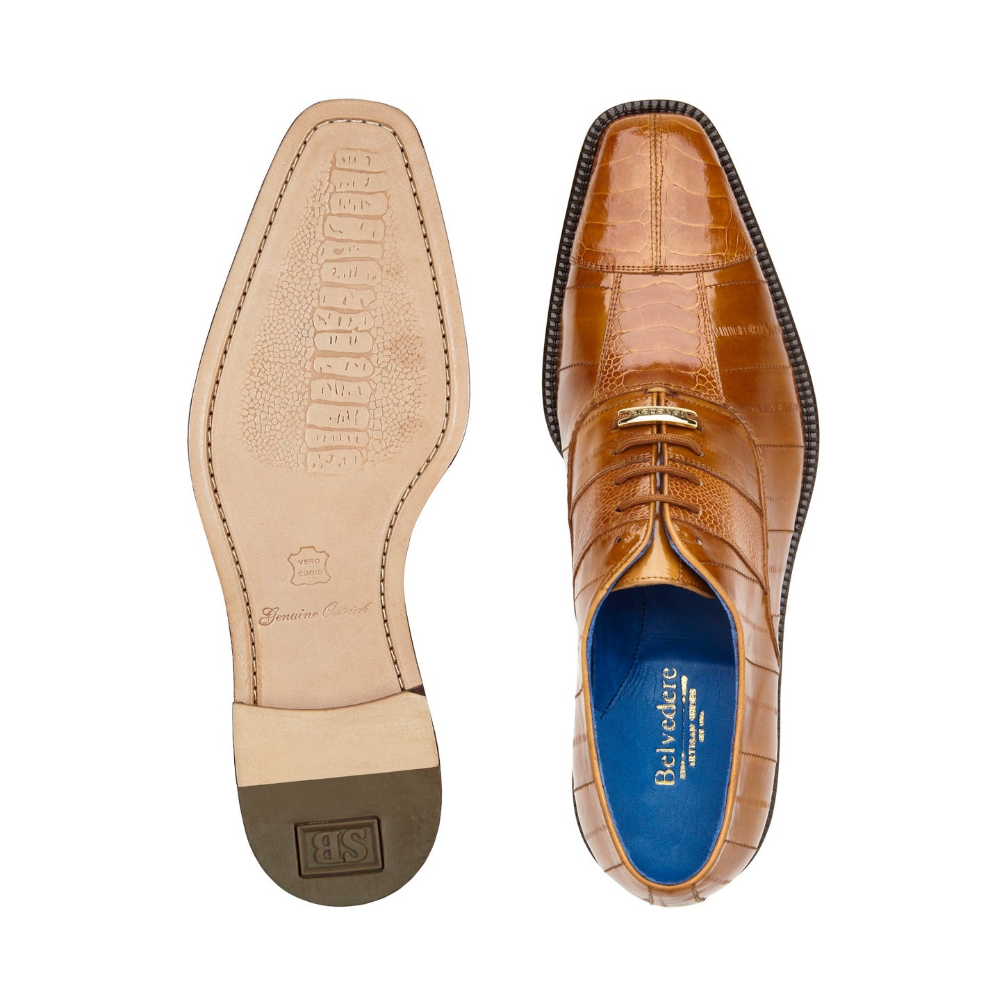 Side view of the Belvedere Mare dress shoe, crafted from genuine ostrich and eel in camel color, featuring a lace-up design and low heel. Available in size 9.5 only, it's an elegant choice for formal wear.
