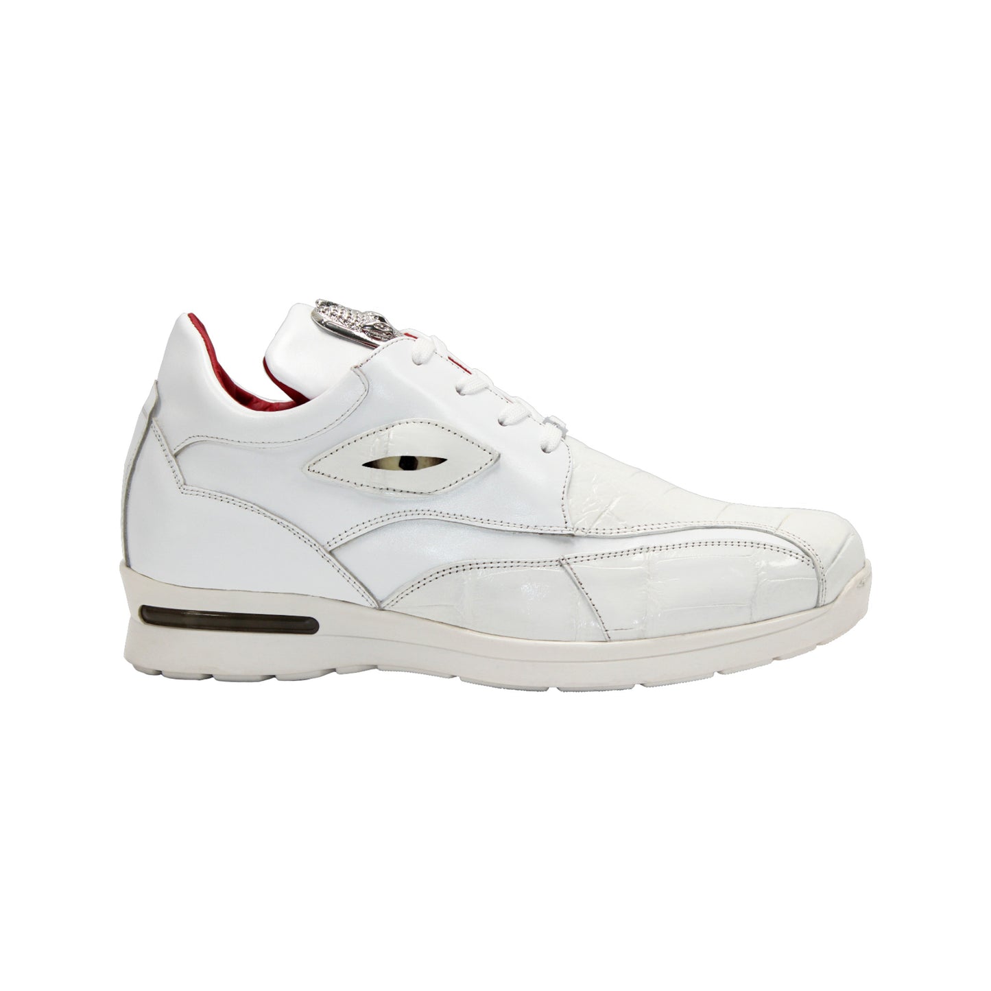 The Fennix Mason White by Fennix of Italy are modern white leather sneakers with silver accents and red inner lining, shown side by side on a white background.
