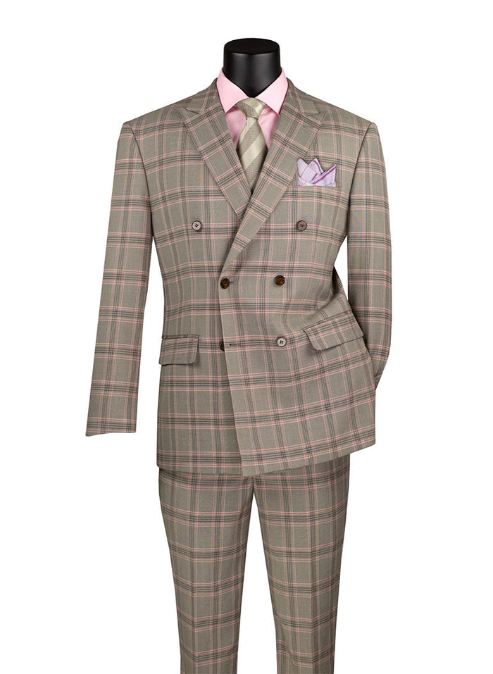 A Vinci Suits Modern Fit Double Breasted Glen Plaid Peak Lapel 2 Piece Suit in Light Taupe, paired with a pink shirt, olive tie, and lavender pocket square, is elegantly displayed on a headless mannequin.