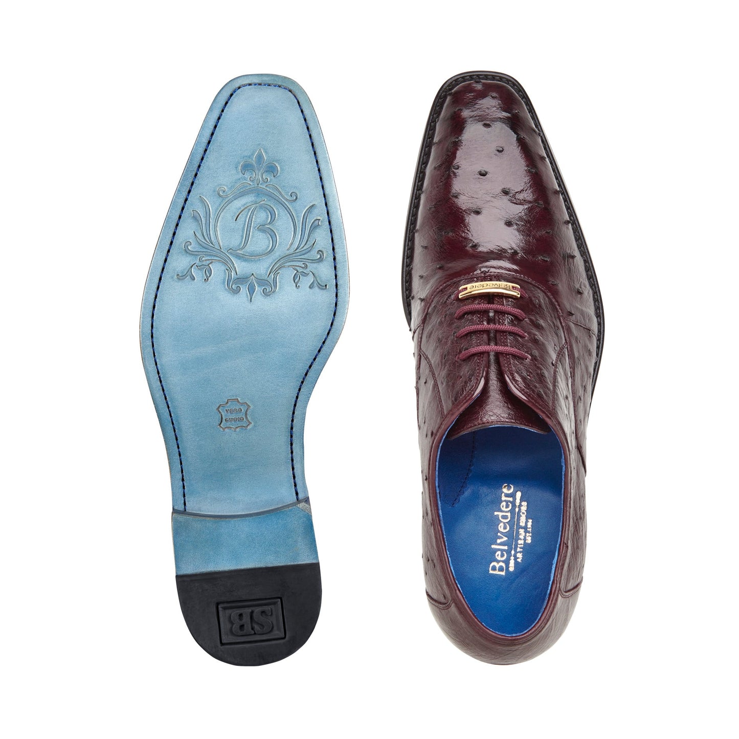 Introducing the Belvedere - Orlando: a genuine Ostrich Quill dress shoe in Antique Dark Burgundy. This sophisticated shoe features a textured surface with a lace-up closure and subtle moc toe design, elegantly presented in a side view.