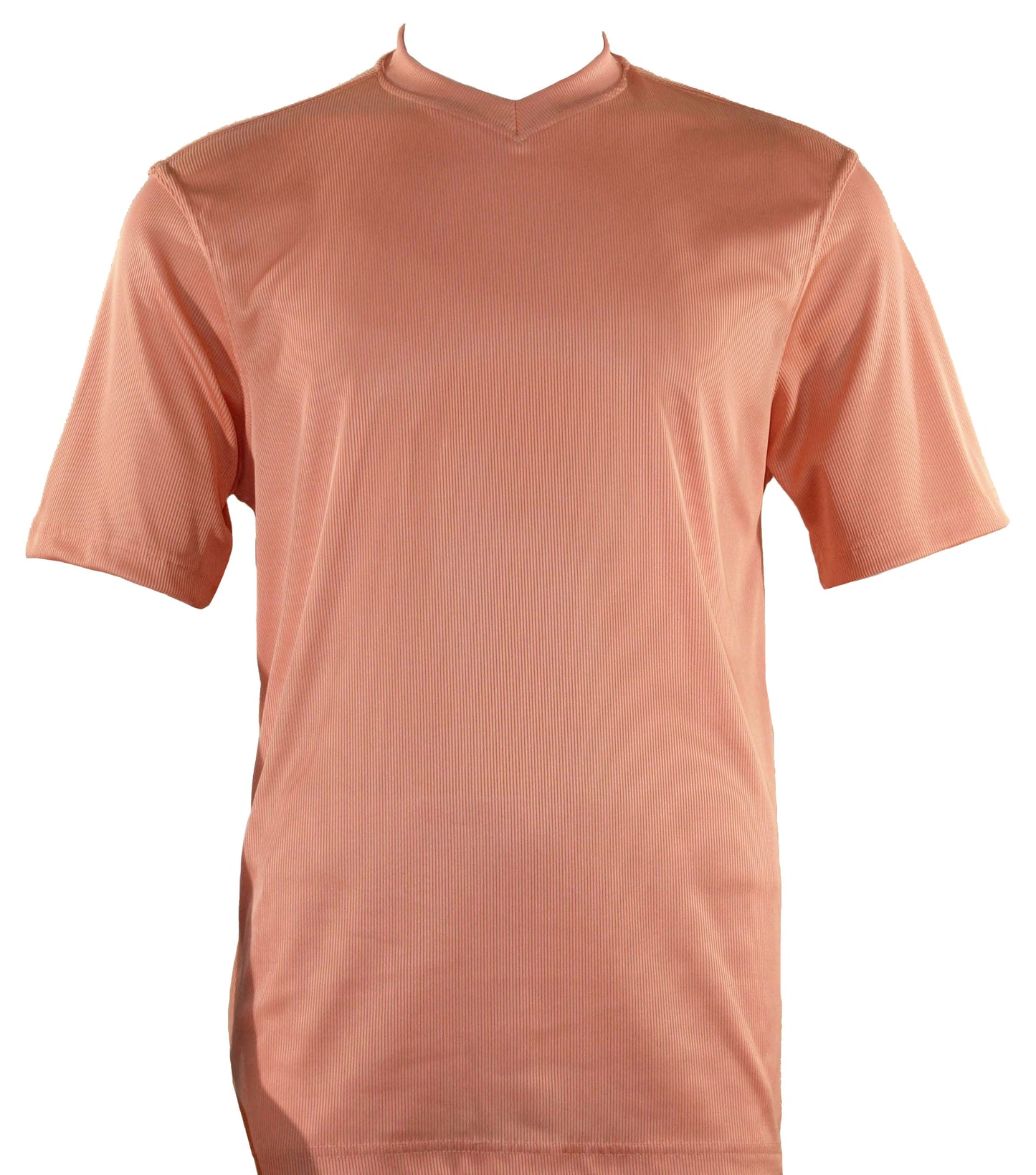 A soft microfiber, short-sleeve V-neck t-shirt in a plain peach color from Bassiri, displayed on a white background.