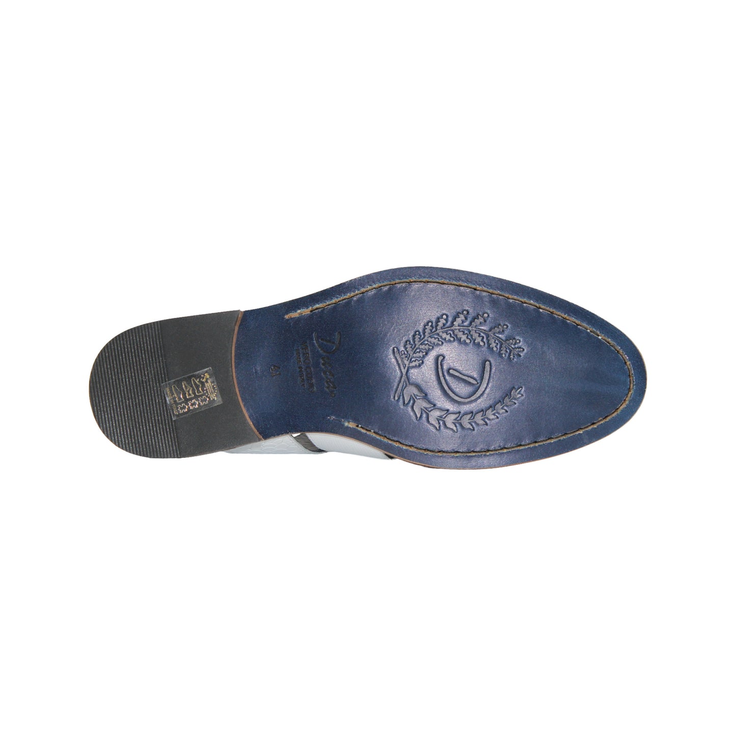 The Duca Di Matiste Positano (White) sandal by Duca Di Matiste features white croco leather, a closed toe, cutout sides, ankle strap with buckle, and brown sole, shown on a plain white background.