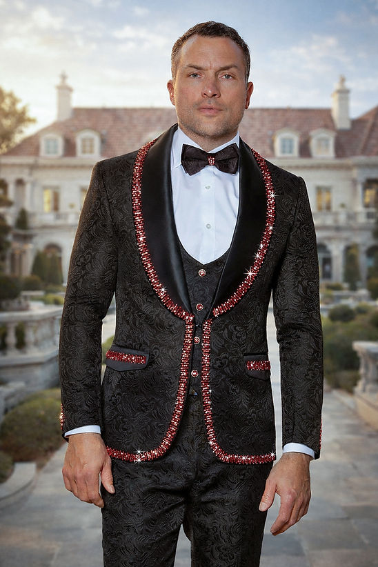 A man wears the MANZINI SOFIA 3-Piece Men's Shiny Rhinestone Trim Floral Textured Tuxedo Suit in Red/Black by Manzini, posing outdoors in front of a large, elegant mansion.