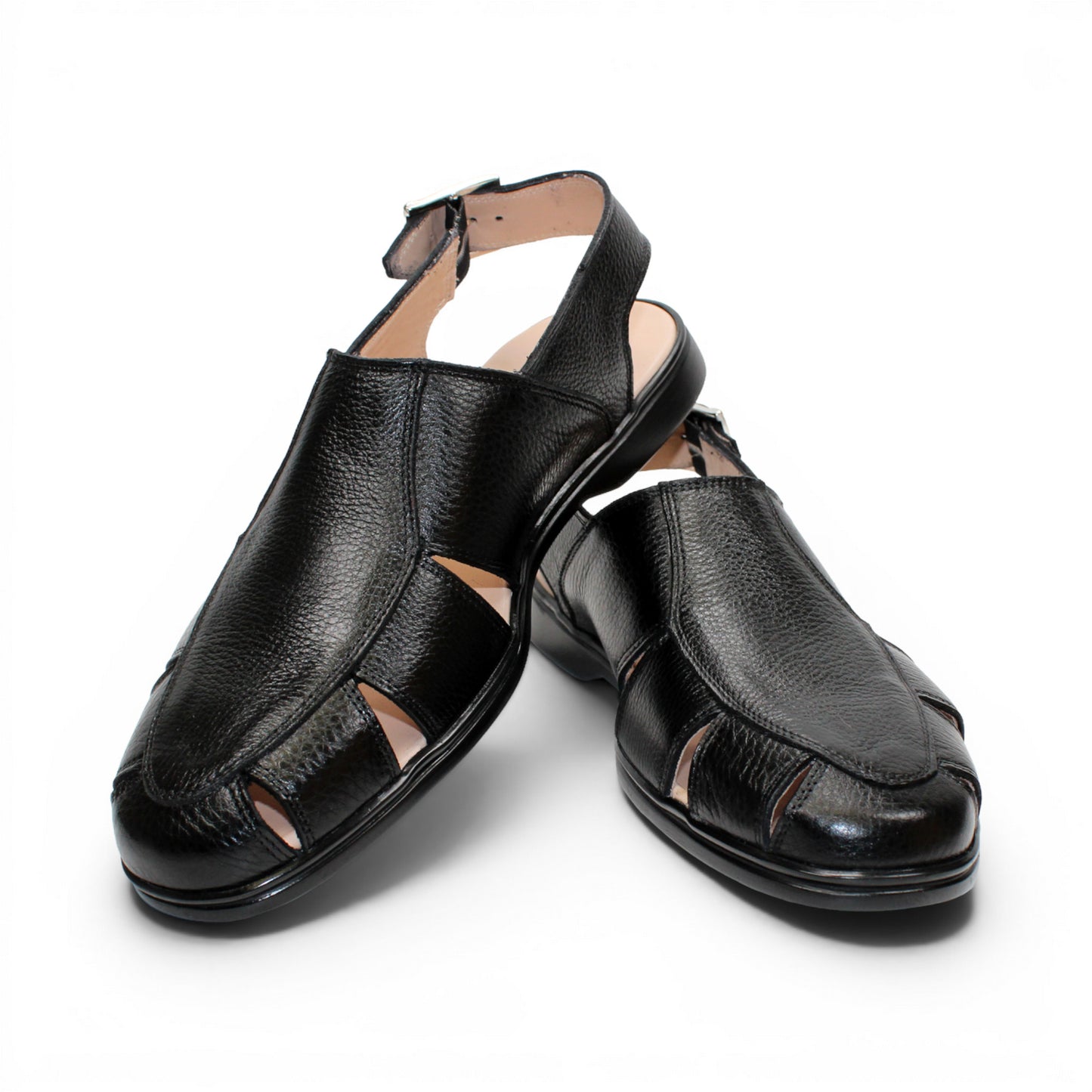 The Duca Di Matiste Duca SA131 Black is an Italian-made sandal in black leather, featuring a closed toe, side cutouts, and a slingback buckle strap, shown in profile against a white background.