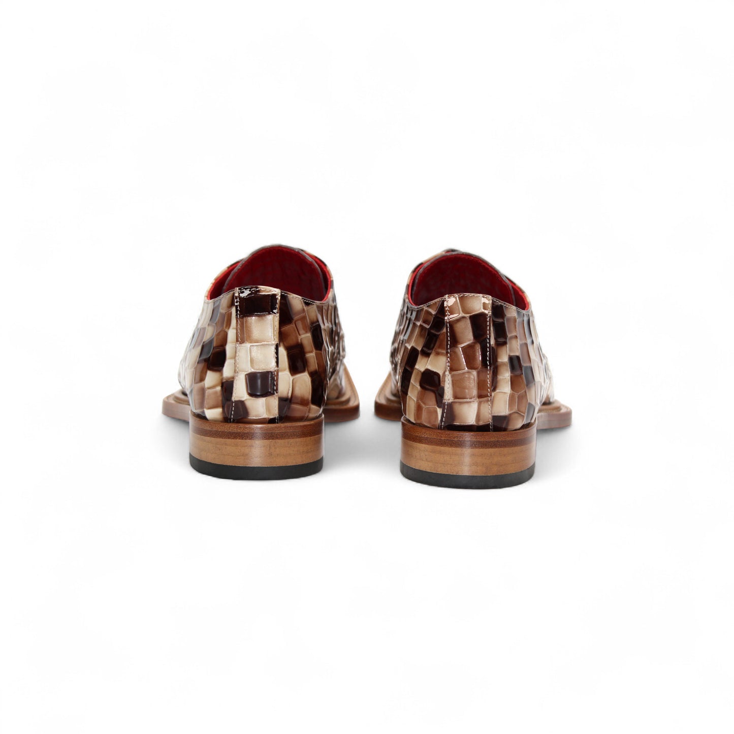 The Emilio Franco Couture Santo Brown Combo by Emilio Franco Couture features a woven checkerboard design in brown and beige, red lining, and a wooden sole—blending luxury and Italian-inspired elegance.