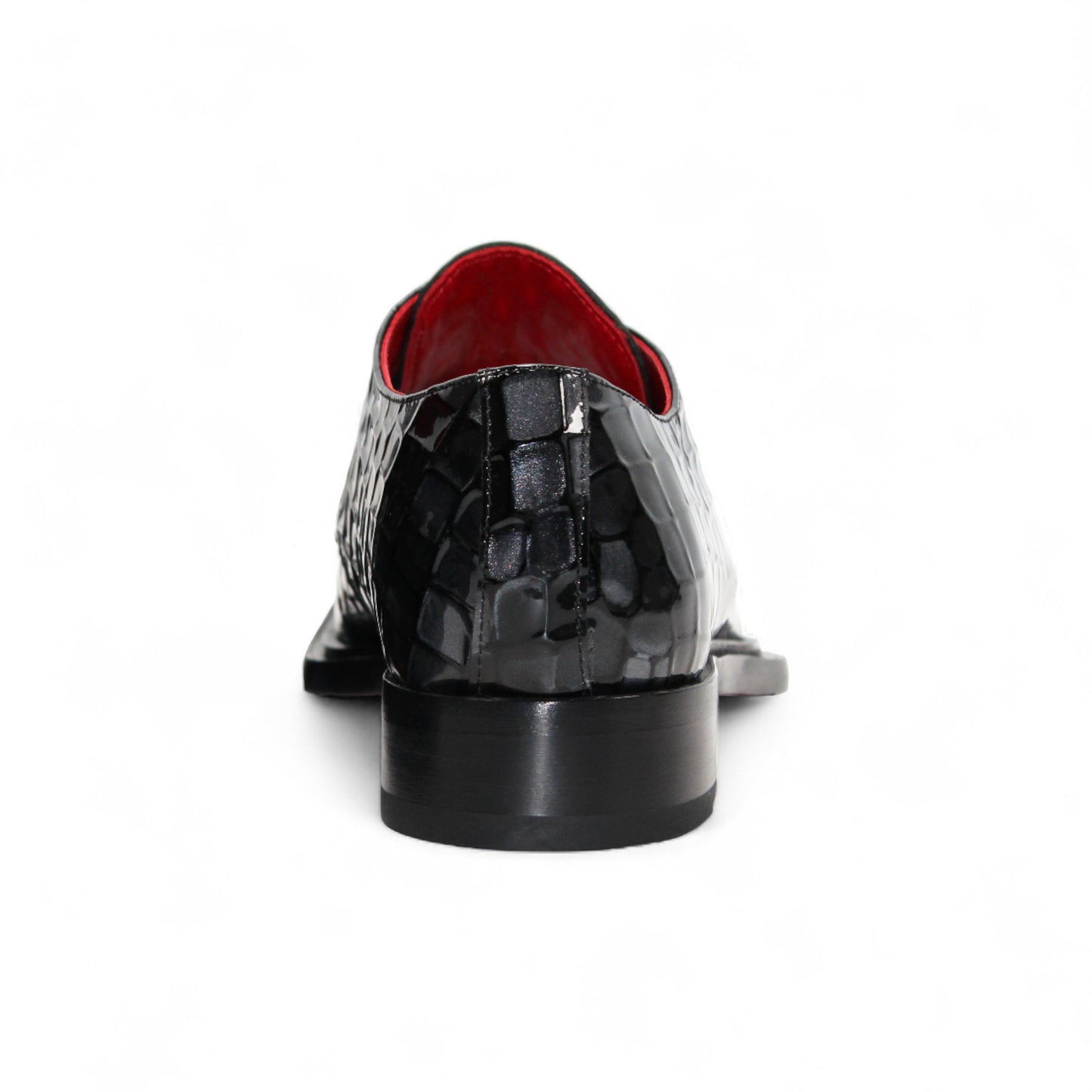 The Emilio Franco Couture Santo Black Combo is a black Italian patent leather dress shoe with a woven checkerboard pattern, red interior lining, lace-up closure, and low heel by Emilio Franco Couture—luxury footwear on a white background.