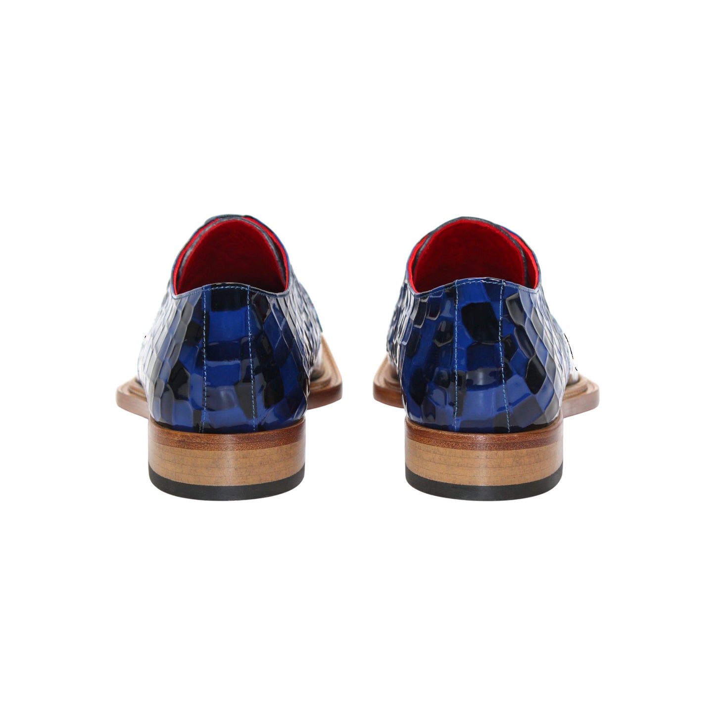 The Emilio Franco Couture Santo Dark Blue Combo features a blue checkered patent leather finish, brown sole, and red interior details—exemplifying Italian craftsmanship—by Emilio Franco Couture, photographed on a white background.