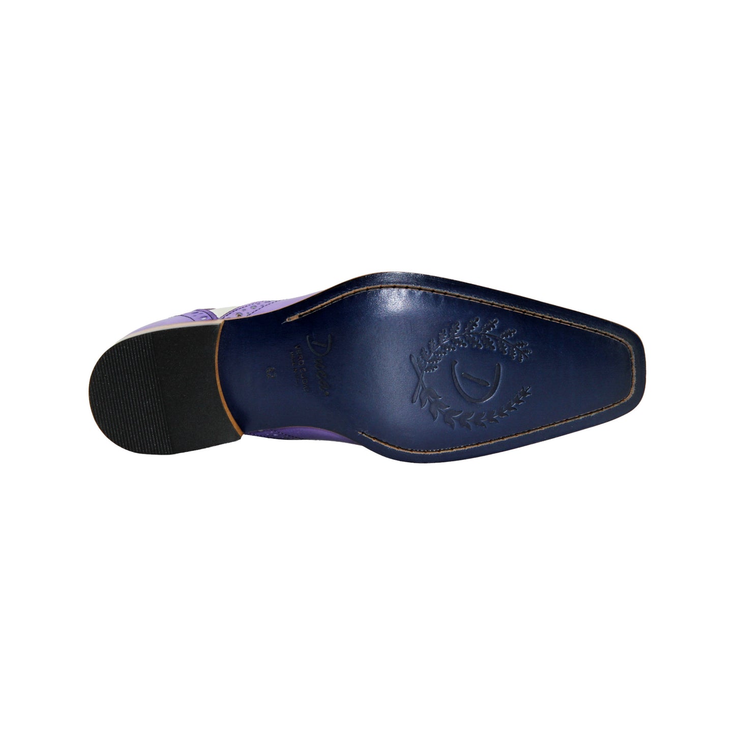 The Duca Di Matiste Duca Saranno Lavender/Panna is an Italian-made two-tone dress shoe in purple and white leather, with decorative perforations and a wooden sole, shown in a side view.