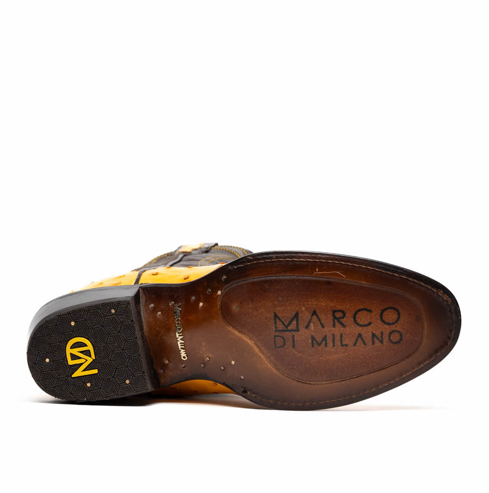 Savannah Buttercup by Marco Di Milano: two-tone Western cowboy boots featuring yellow genuine ostrich leather foot, dark brown leather shaft, yellow stitching, and branded sole.
