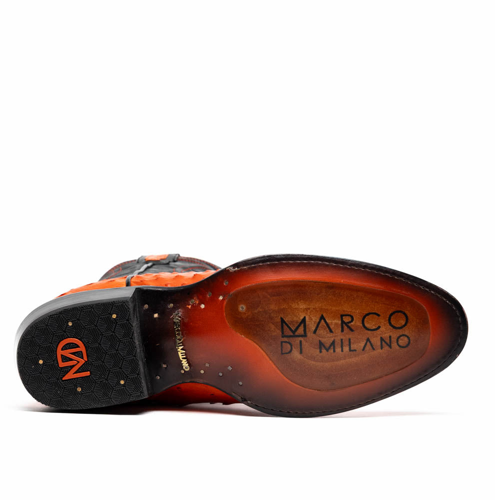 The Savannah Orange boots by Marco Di Milano feature orange ostrich leather lowers, black genuine leather uppers, intricate stitching, and branded soles.