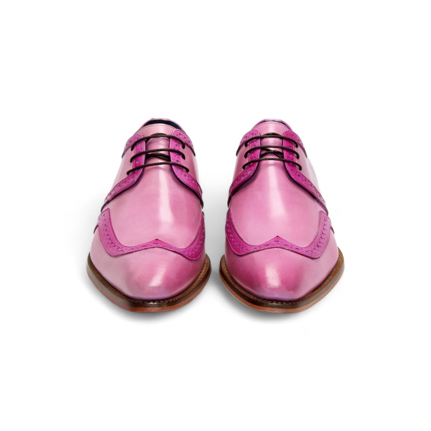 The Duca Di Matiste Duca Savona Pink/Fuscia is a genuine leather dress shoe with brogue detailing, wooden sole, and black laces. It has a minimalist silhouette and is displayed in side profile on a white background.
